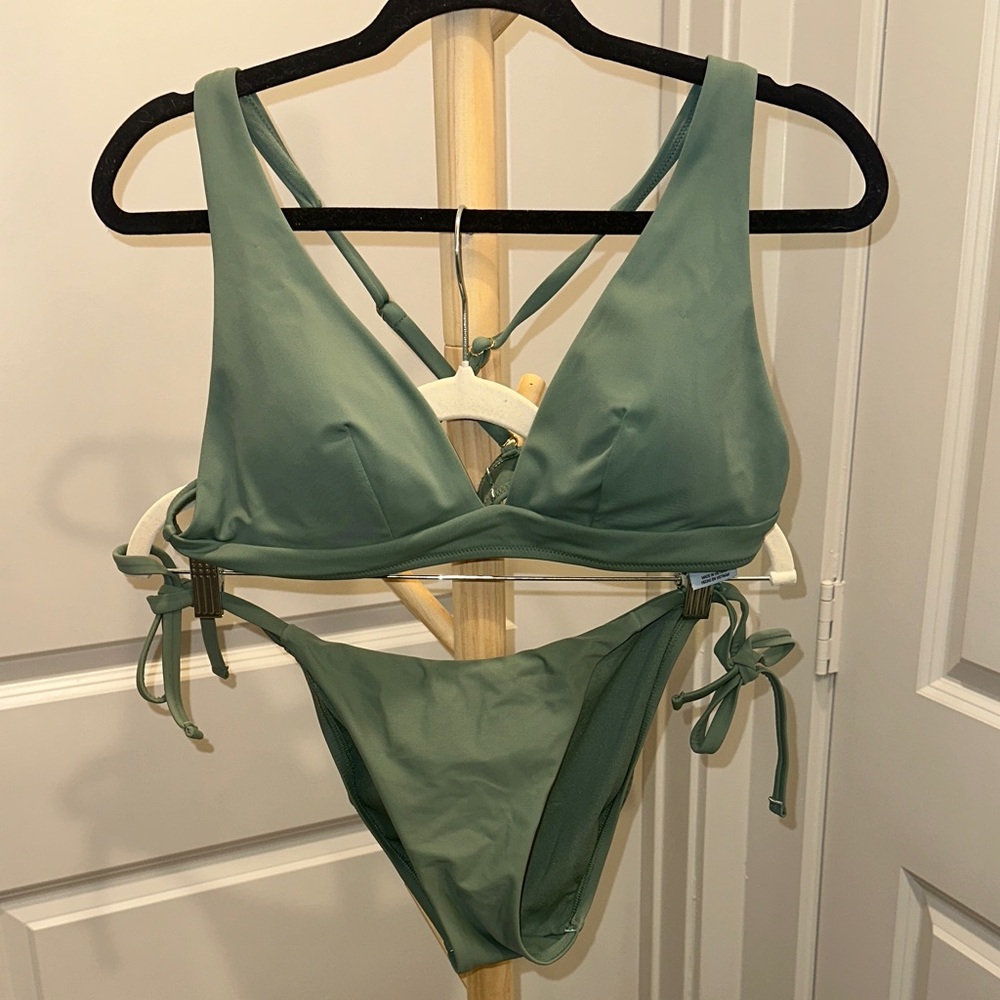 Shade & Shore Sage Green Tie-Side Bandeau Bikini Set